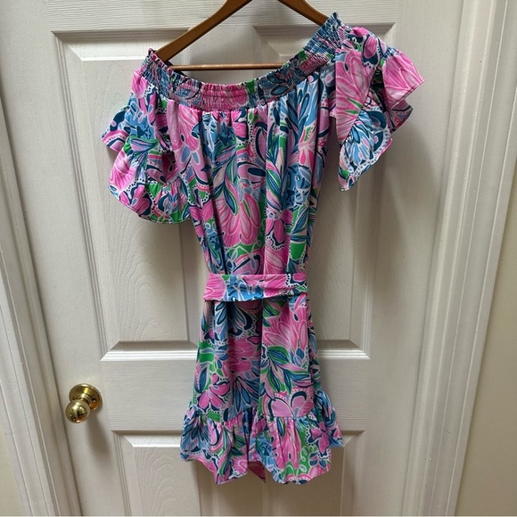 Lilly Pulitzer Maddlyn dress Pink Blue wide neck flare tie waist XXS - Picture 6 of 7